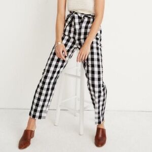 Madewell Black and White Checkered Gingham Straight Leg Tie Waist Paperbag Pants